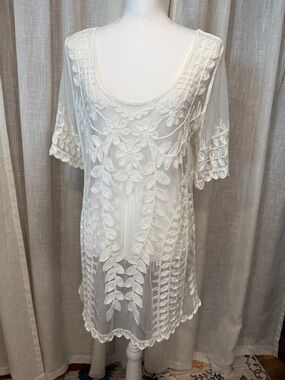 Condura White Embroidered Mesh Lace Top Floral Sheer Boho Blouse Size L